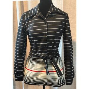 Vintage JCPenney Fashions Striped Button Front Belted Blouse Black White Red M‎